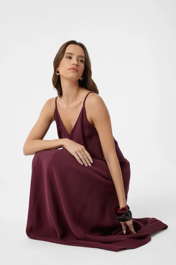 Antioch Bordo Askılı Modal Uzun Kadın Elbise