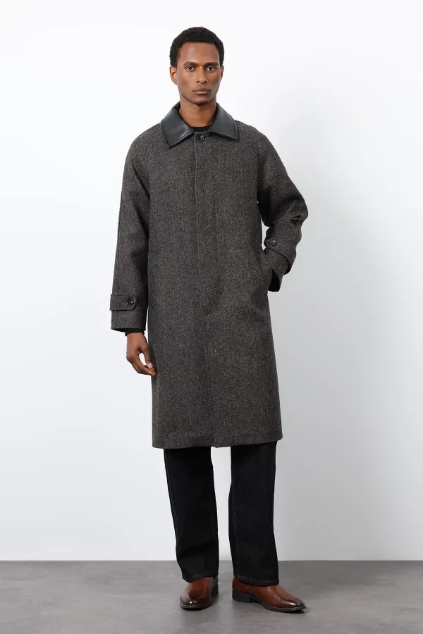 Antioch Coffee Wool Blend Contrast Collar Men's Coat