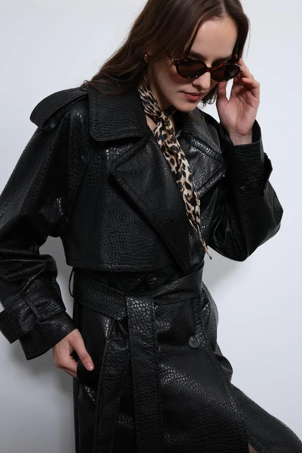 Antioch Black Textured Faux Leather Trench Coat