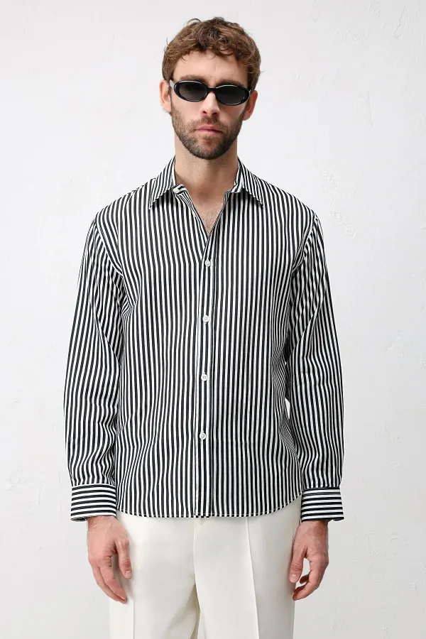 Chemise rayée Antioch Black Lyocell Blend Relax Fit pour homme