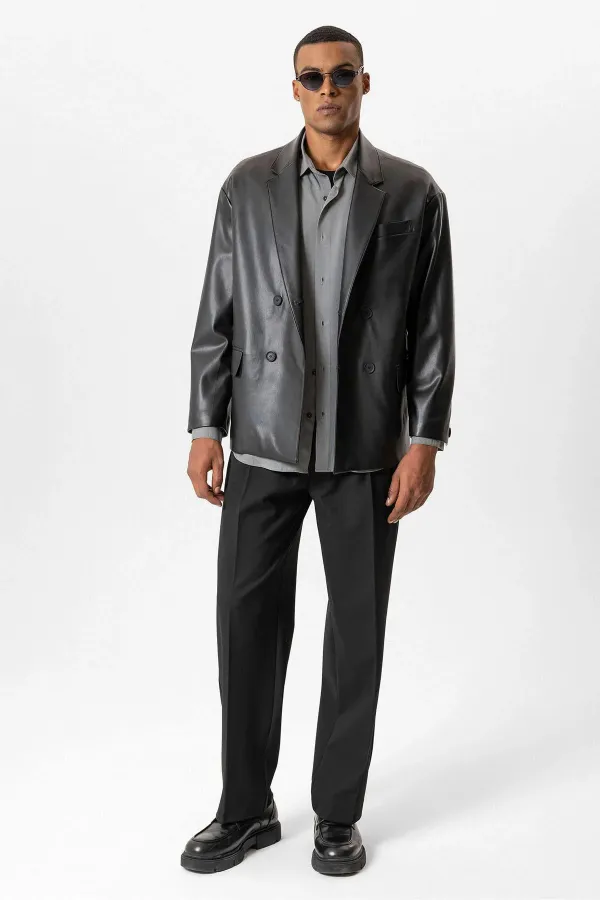 Antioch Siyah Suni Deri Kruvaze Erkek Ceket