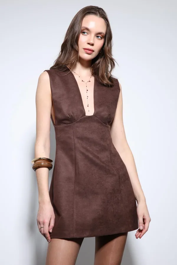 Antioch Kahve Dekolteli Kısa Elbise