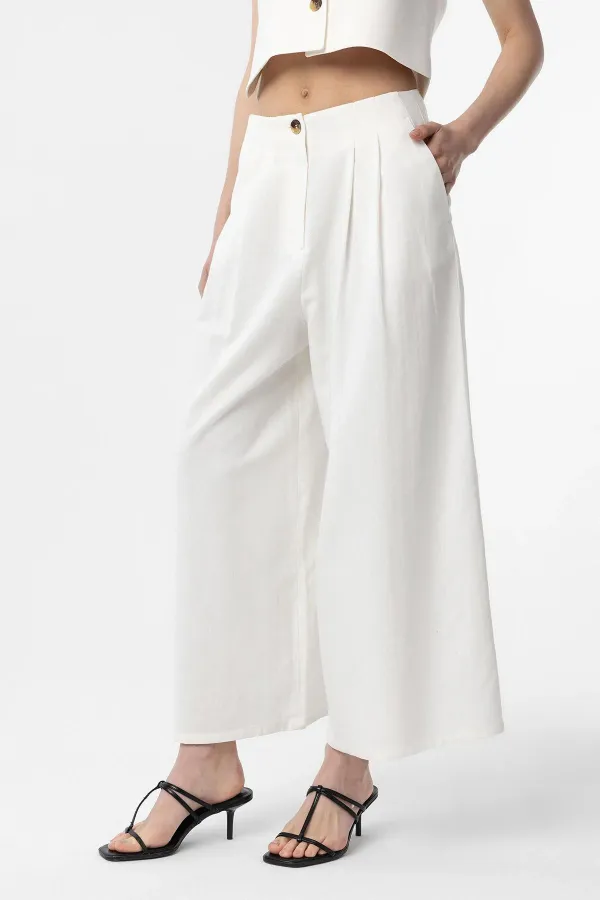Antioch Beyaz Keten Karışımlı Kadın Culotte Pantolon