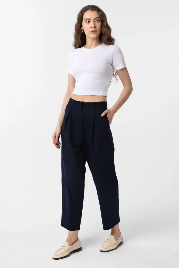 Antioch Navy Blue Pleated Soft Ankle Length Women's Trousers