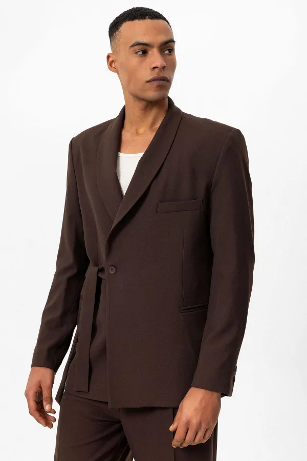 Antioch Kahve Kruvaze Kapama Kuşaklı Erkek Blazer Ceket