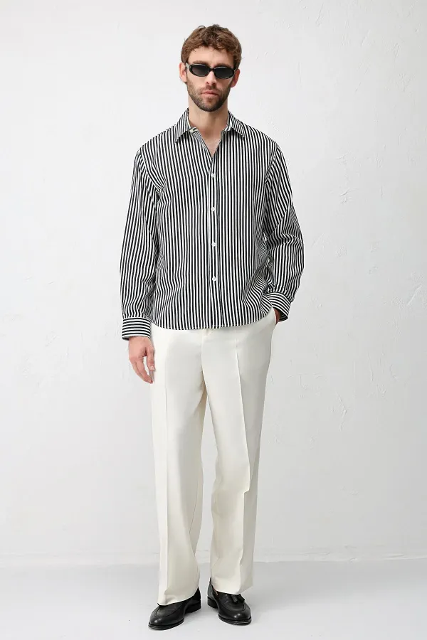 Chemise rayée Antioch Black Lyocell Blend Relax Fit pour homme