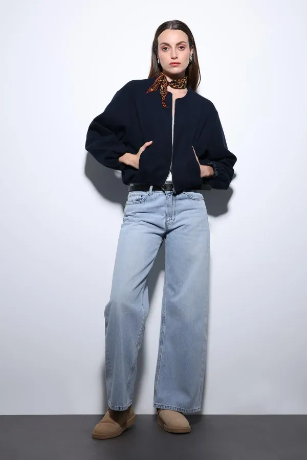 Veste courte bleu marine Antioch avec taille élastique pour femme