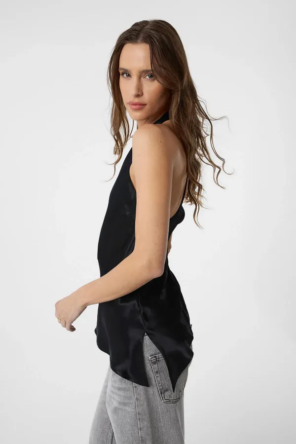 Antioch Siyah Asimetrik Saten Sırt Dekolteli Kadın Top