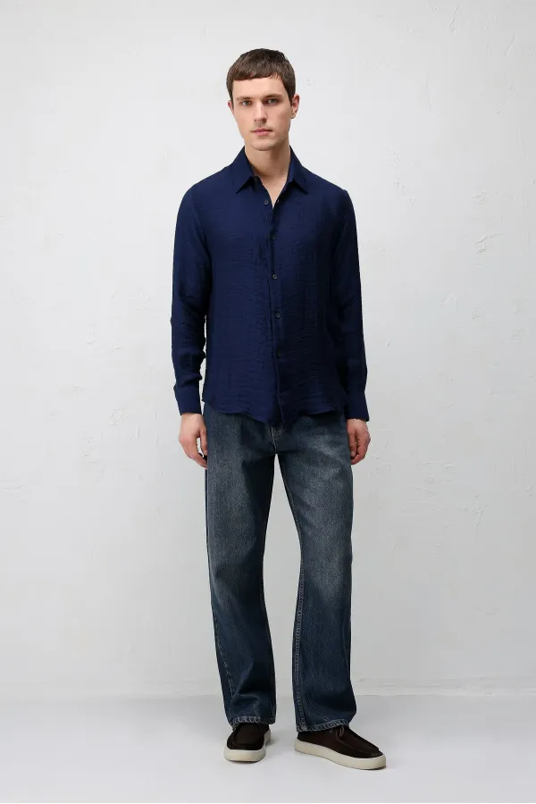 Antioch Navy Blue Crinkled Relax Fit Men's Shirt