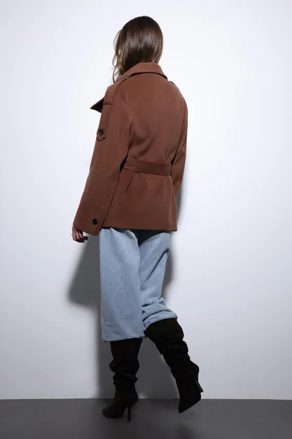 Antioch Kahve Dik Yaka Kruvaze Kadın Kaban