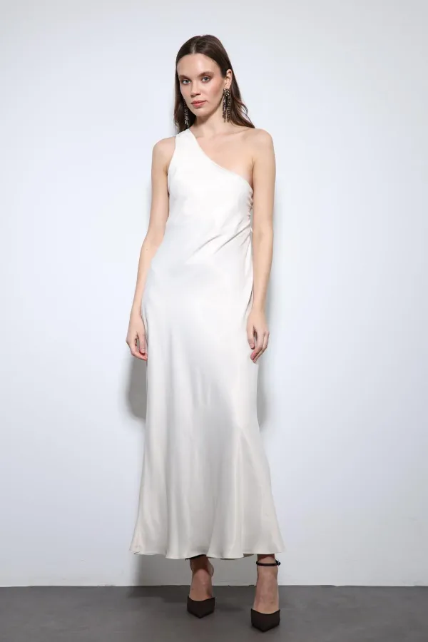 Robe longue en satin à col asymétrique Antioch Stone