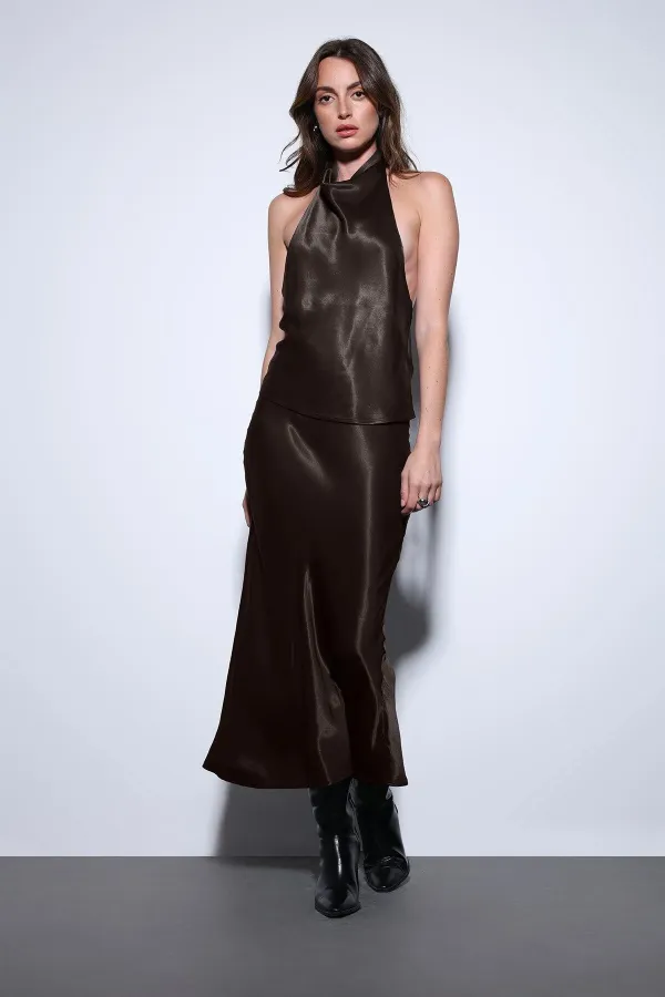 Antioch Dark Brown Satin Halter Women's Top