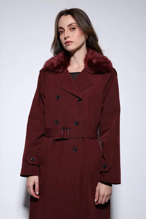 Antioch Burgundy Faux Fur Collar Women's Trench Coat