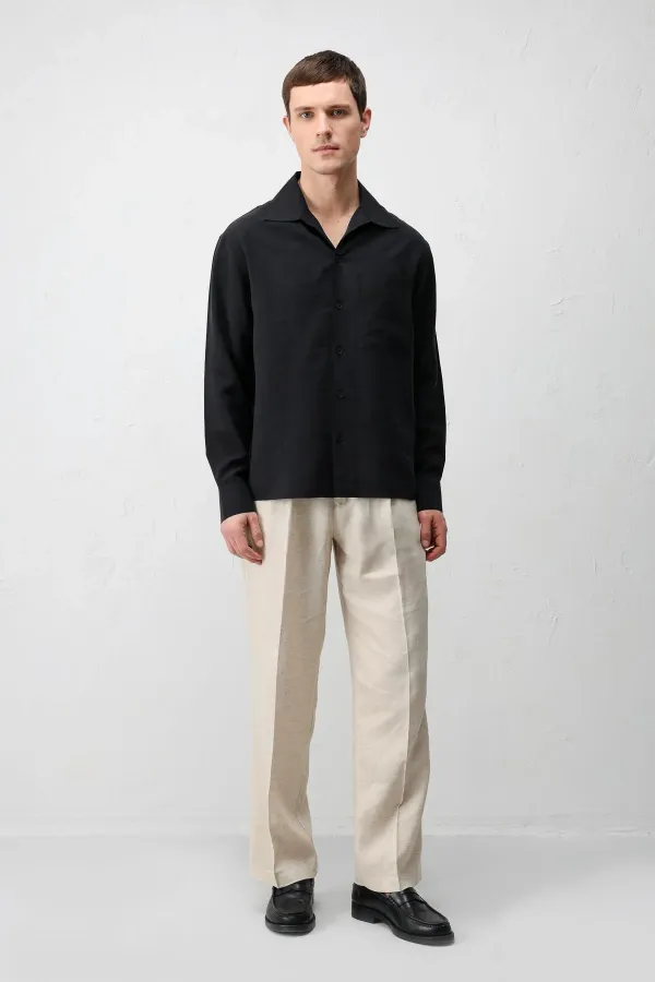 Antioch Siyah Lyocell Karışımlı Geniş Yaka Erkek Gömlek