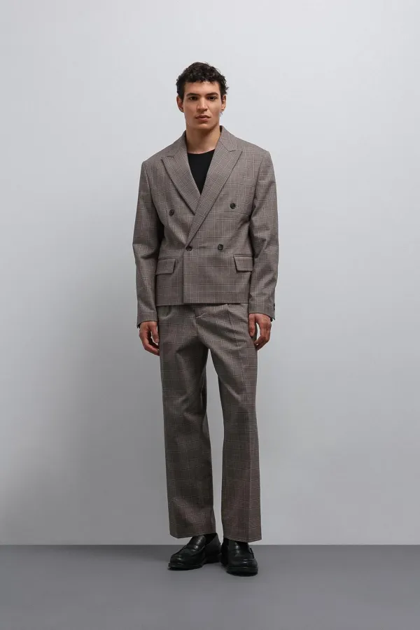 Antioch Kahve Ekoseli Kruvaze Erkek Blazer Ceket