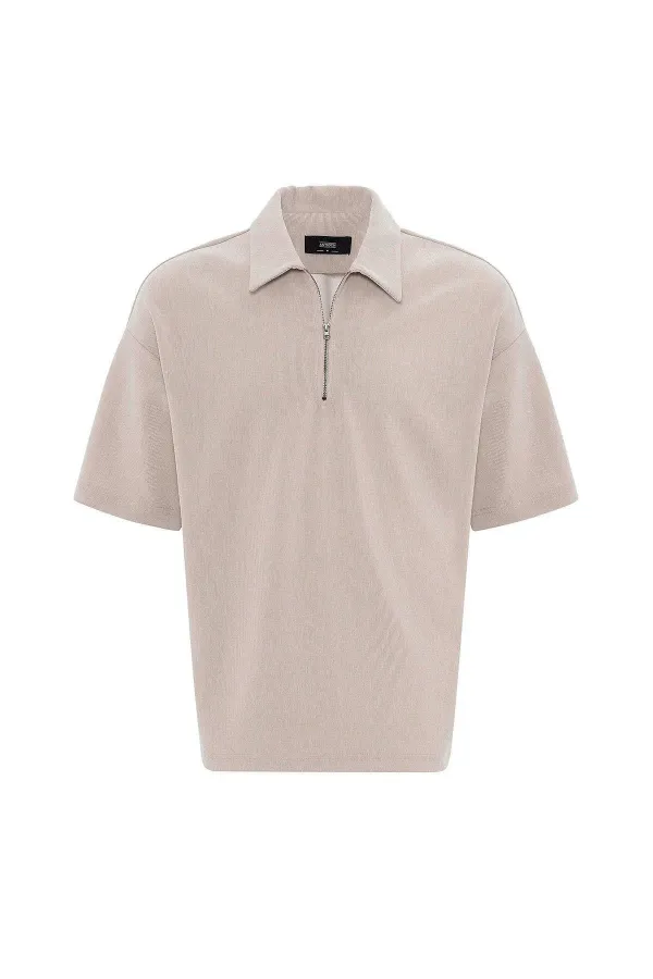 Antioch Bej Relax Fit Fermuarlı Polo Yaka Erkek T-Shirt