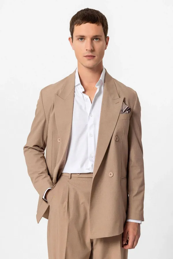 Antioch Açık Kahve Tek Düğme Kruvaze Erkek Blazer Ceket