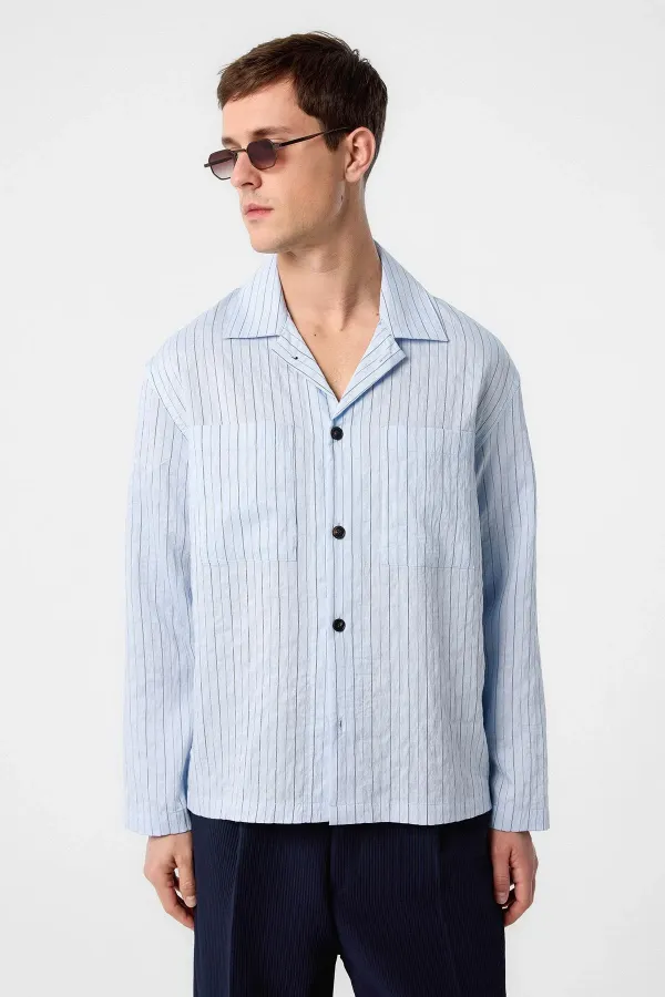 Antioch Mavi Modal Kumaş Çizgili Erkek Gömlek