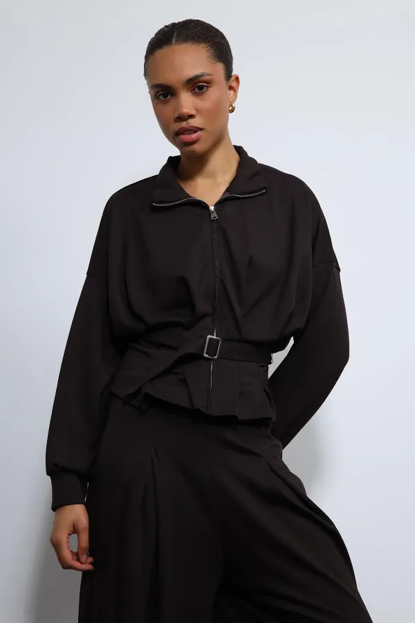 Antioch Acı Kahve Bel Kemerli Geniş Paça Pantolonlu Takım