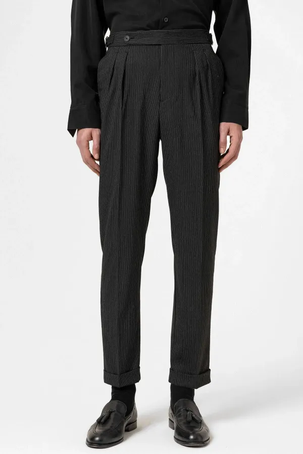 Antioch Black High-Waisted Striped Double-Leg Men's Trousers