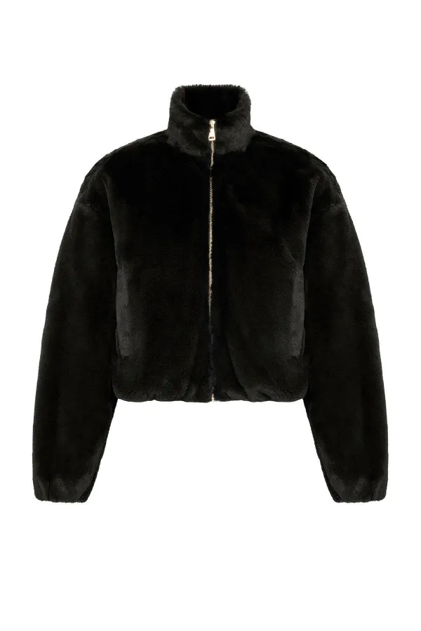 Antioch Black Women's Faux Fur Coat with Elastic Waistband