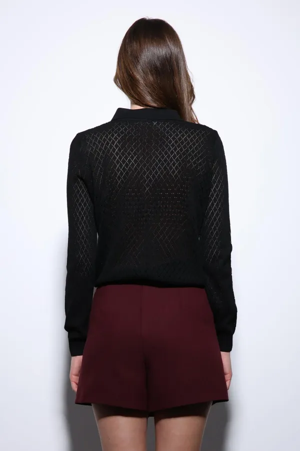 Antioch Siyah Polo Yaka Desenli Triko Kadın Kazak