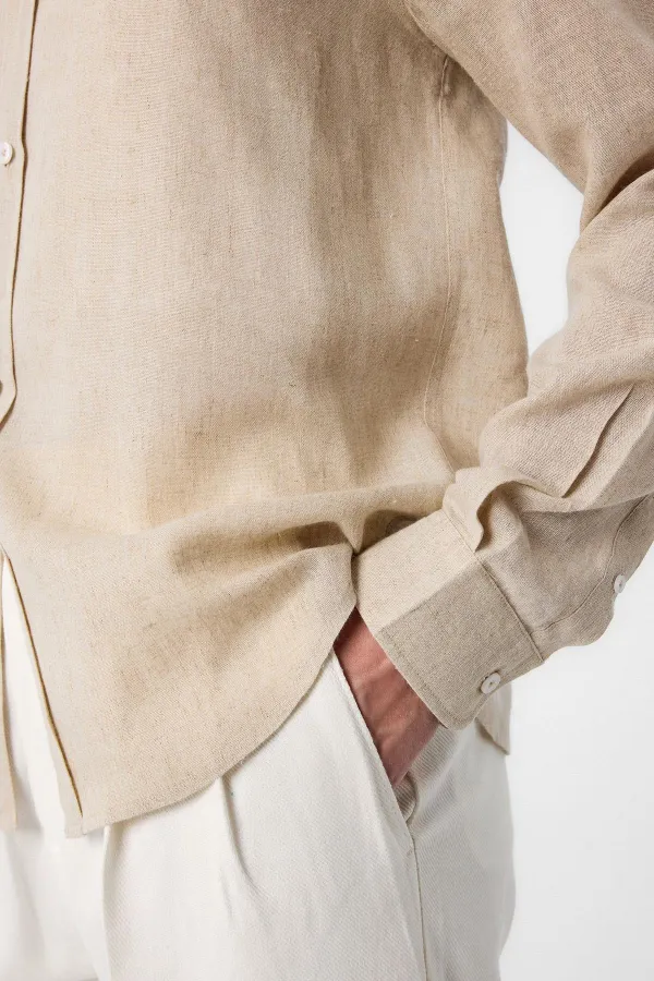 Chemise homme Antioch beige en lin mélangé à col boutonné