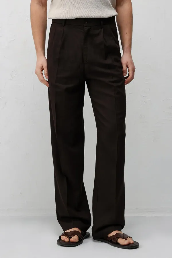 Antioch Koyu Kahve Keten Karışımlı Erkek Baggy Pantolon