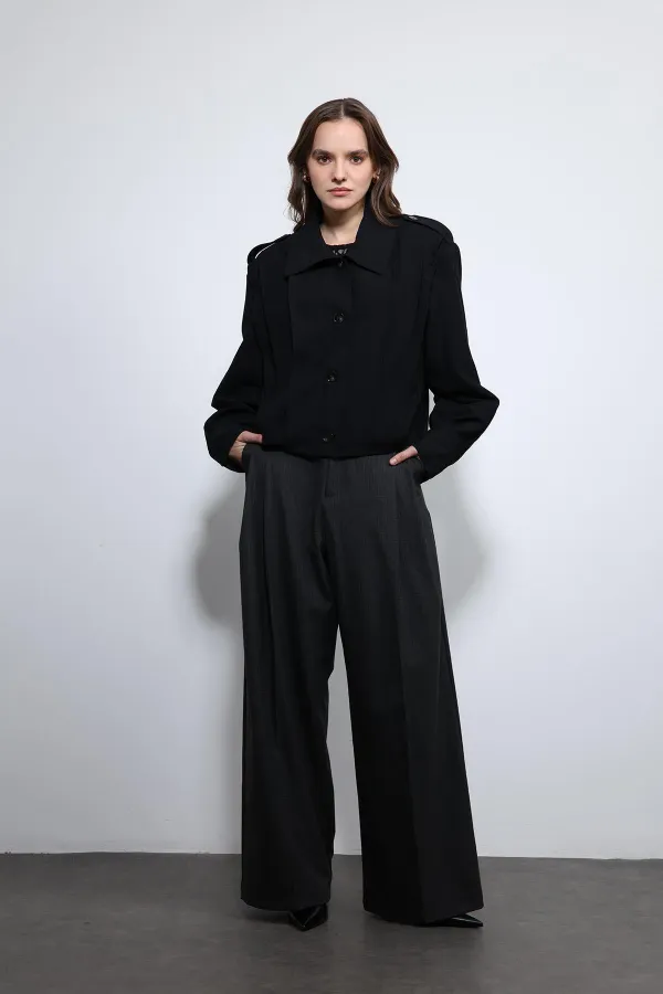 Antioch Black Pleated Detail Stand Collar Coat