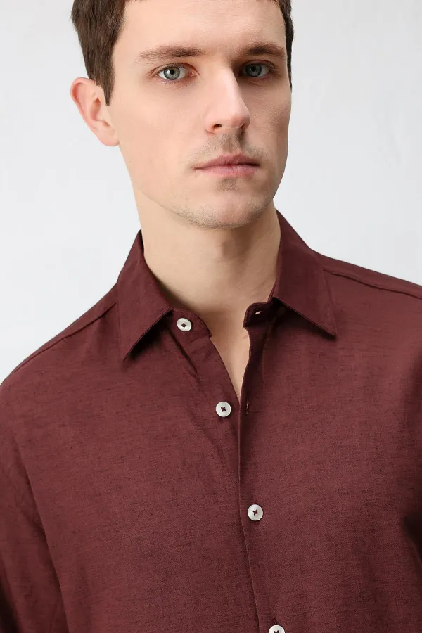 Antioch Bordo Keten Karışımlı Relax Fit Erkek Gömlek