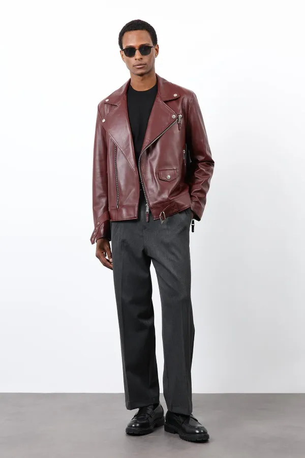 Antioch Bordo 100% Deri Biker Ceket