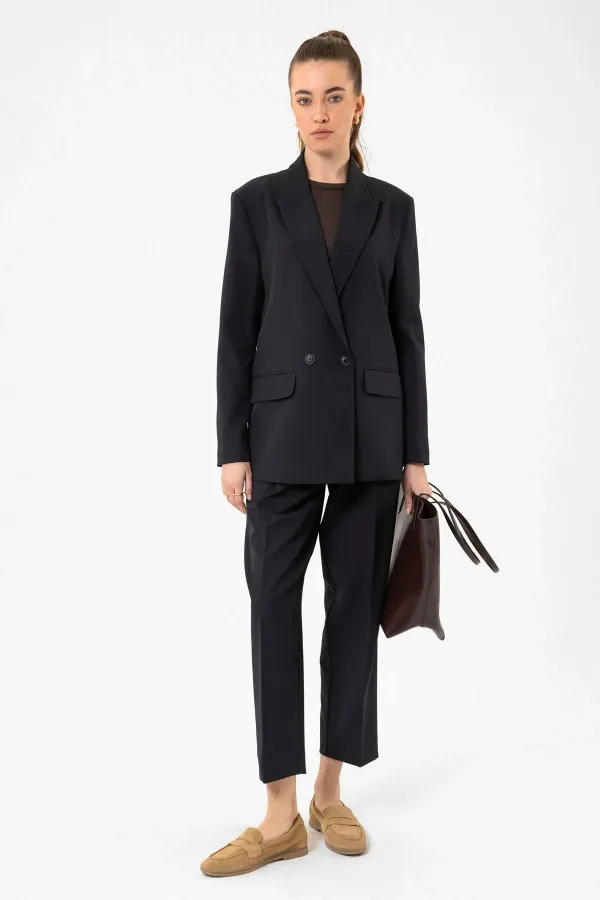 Antioch Lacivert Kadın Çizgili Oversize Blazer Ceket