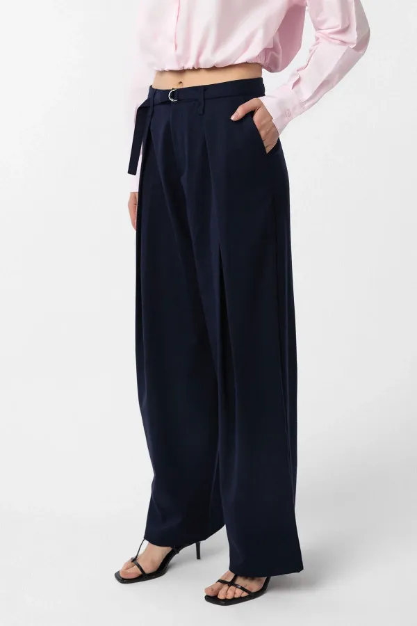 Antioch Lacivert Kemerli Pilili Kadın Pantolon