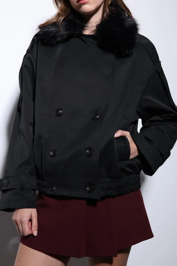 Antioch Siyah Suni Kürklü Kısa Kadın Trençkot