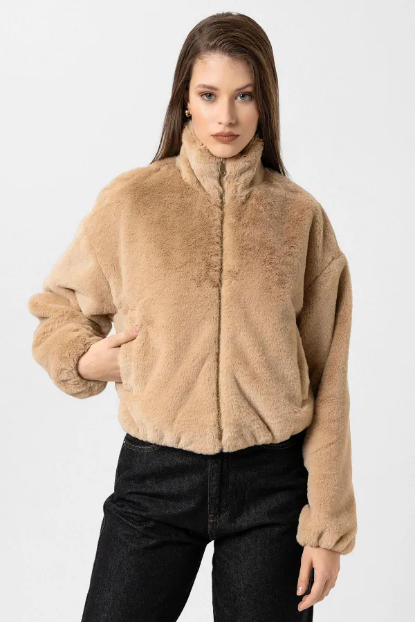 Antioch Beige Women's Faux Fur Coat with Elastic Waistband
