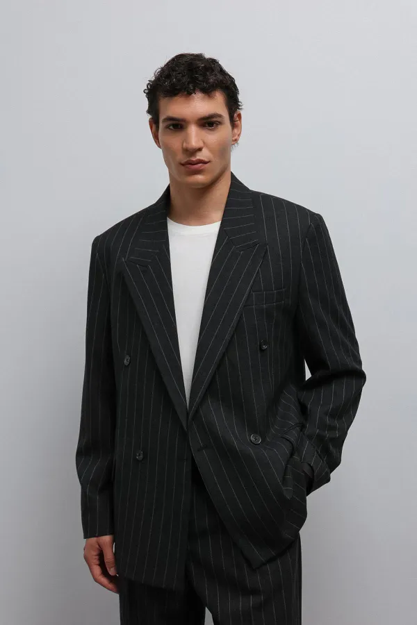 Antioch Black Striped Double-Breasted Men's Blazer Jacket