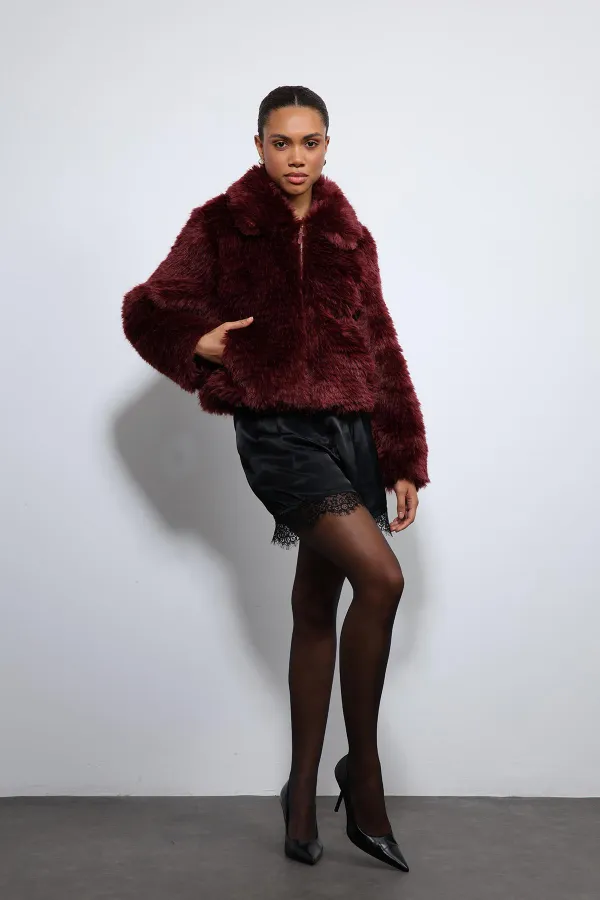 Antioch Bordo Peluş Görünümlü Mont