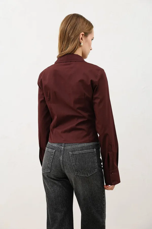 Chemise femme Antioch Burgundy en popeline froncée