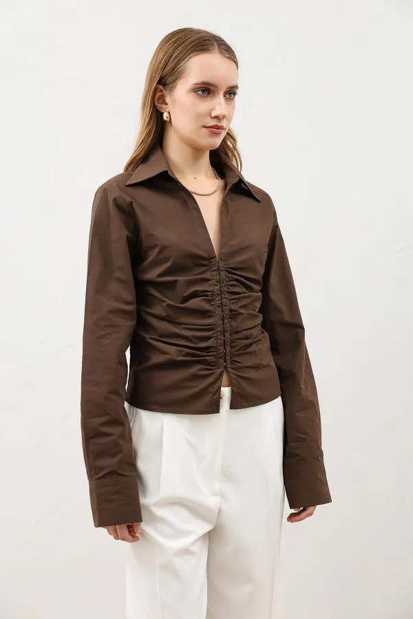 Chemise femme en popeline froncée Antioch Coffee