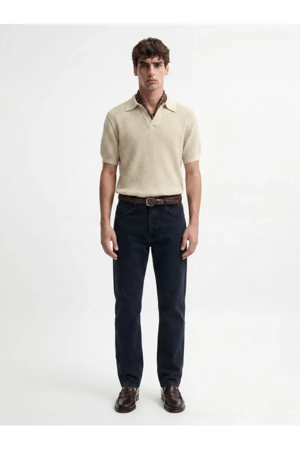 Antioch Beige Knitted Textured Polo Collar Men's T-Shirt Antioch Beige Knitted Textured Polo Collar Men's T-Shirt