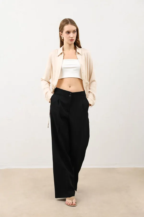 Antioch Black Wide Leg Women's Trousers with Pens Detail