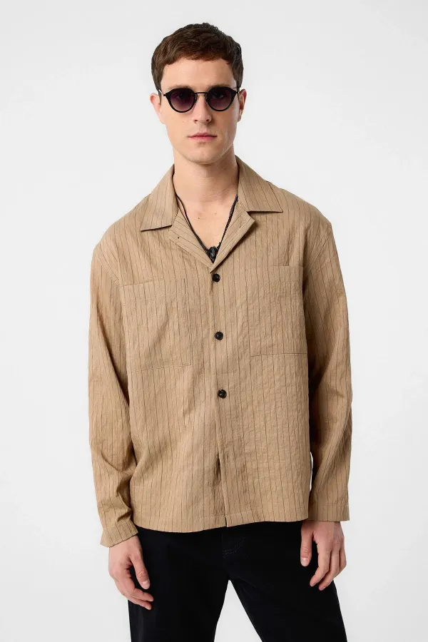 Antioch Açık Kahve Modal Kumaş Çizgili Erkek Gömlek