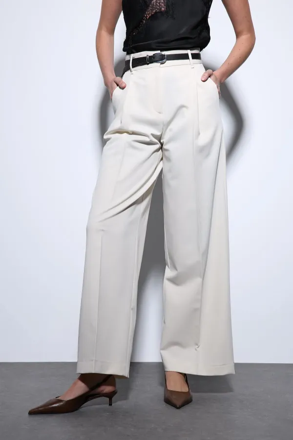 Antioch Ekru Geniş Paça Kadın Pantolon
