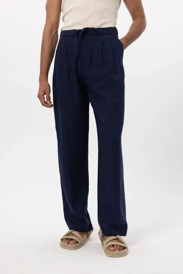 Antioch Navy Blue Linen Blend Baggy Men's Trousers with Belt