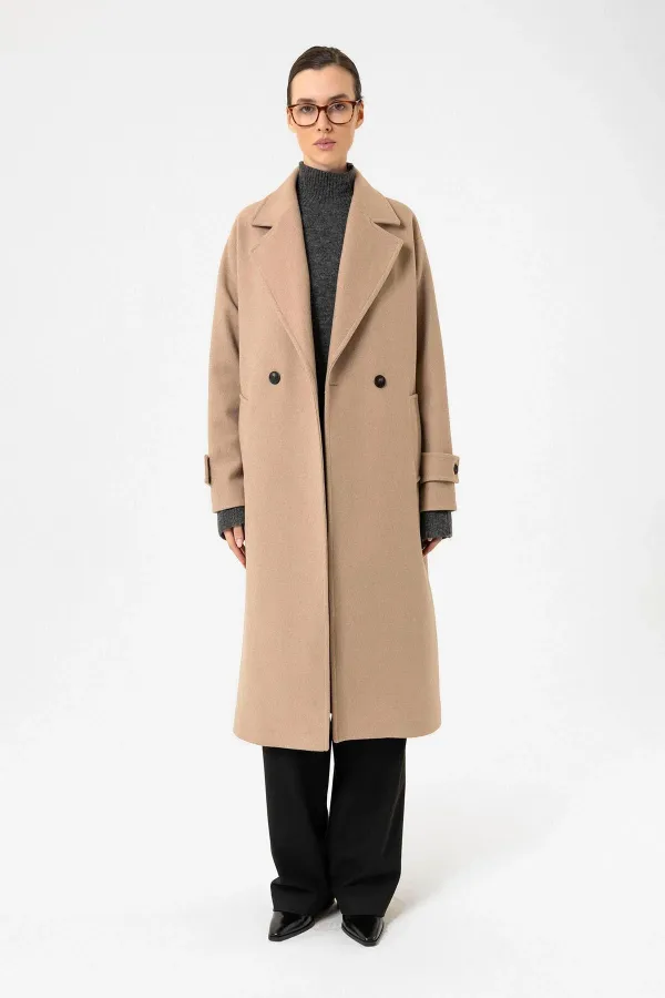 Antioch Bej Kadın Yumuşak Dokulu Oversize Kruvaze Kaban