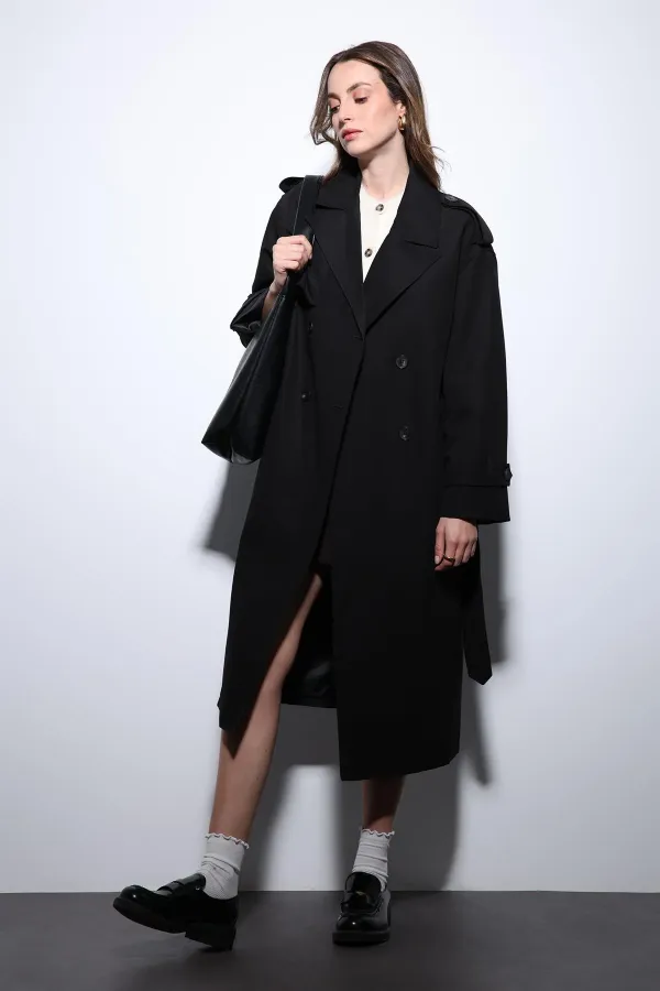 Antioch Black Double-Breasted Belted Women's Trench Coat