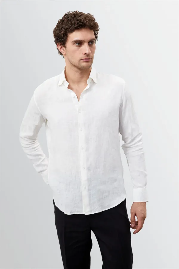 Antioch Ecru Collar Button Detail 100% Linen Men's Shirt