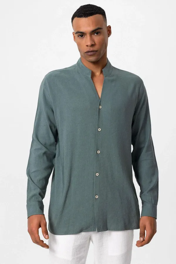 Antioch Khaki Mandarin Collar Long-Sleeved Men's Shirt
