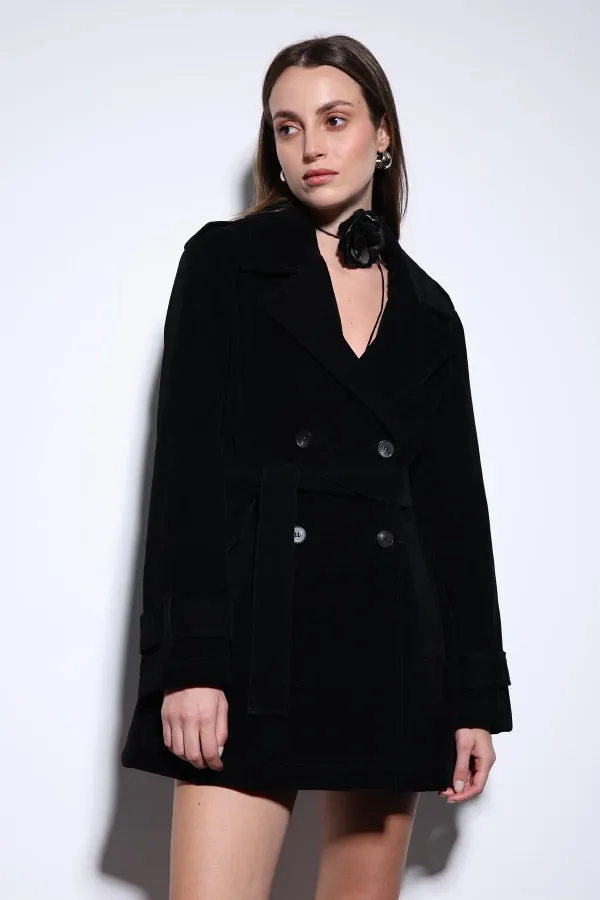 Antioch Black Suede Look Women's Trench Coat