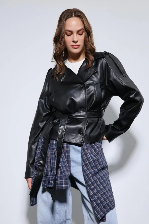 Manteau en similicuir noir à ceinture Antioch